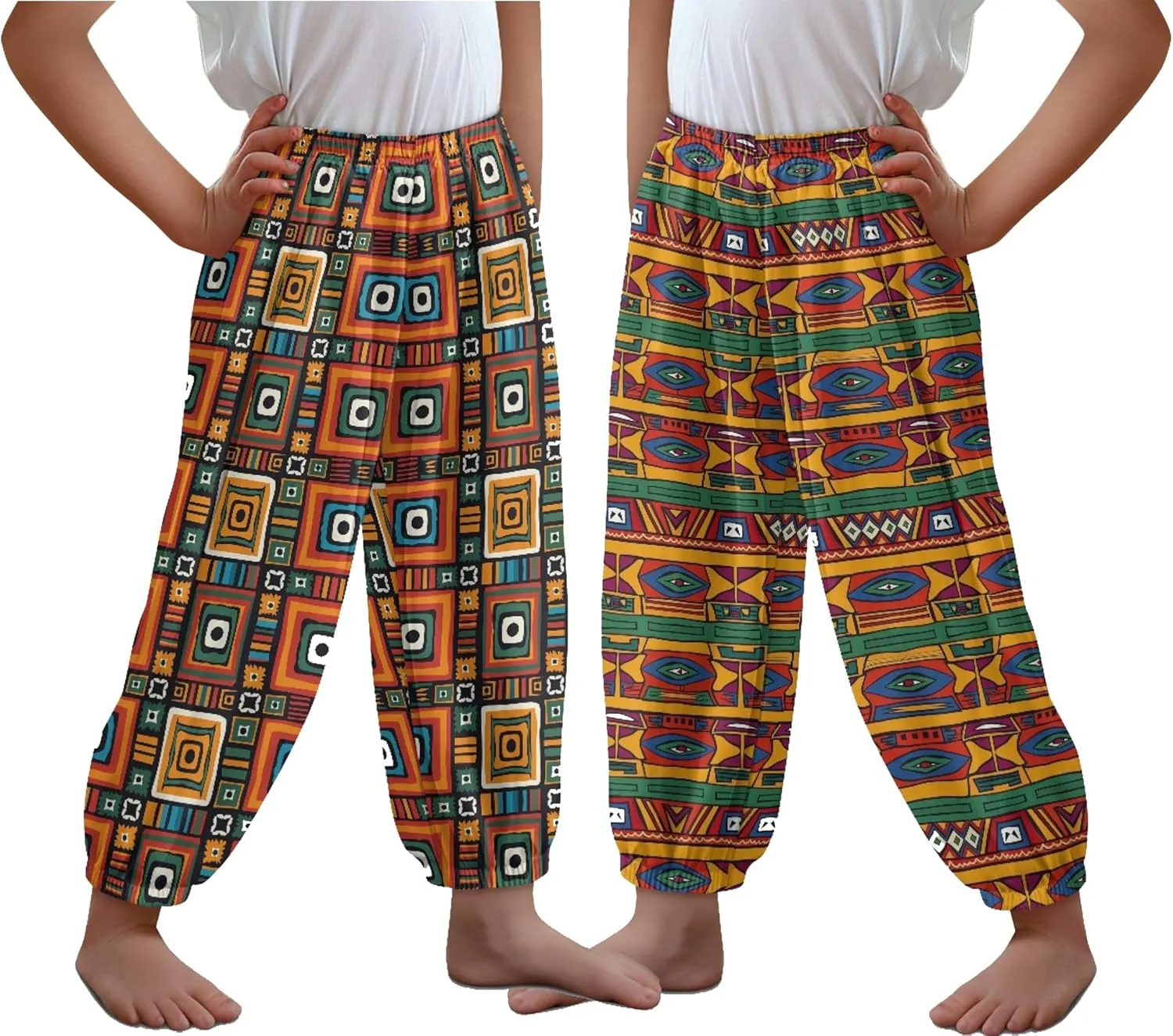 2 Pack Kids Harem Bloomers Pants Elastic Waist Bohemian Style Casual Baggy Ankle Trousers for Boys and Girls