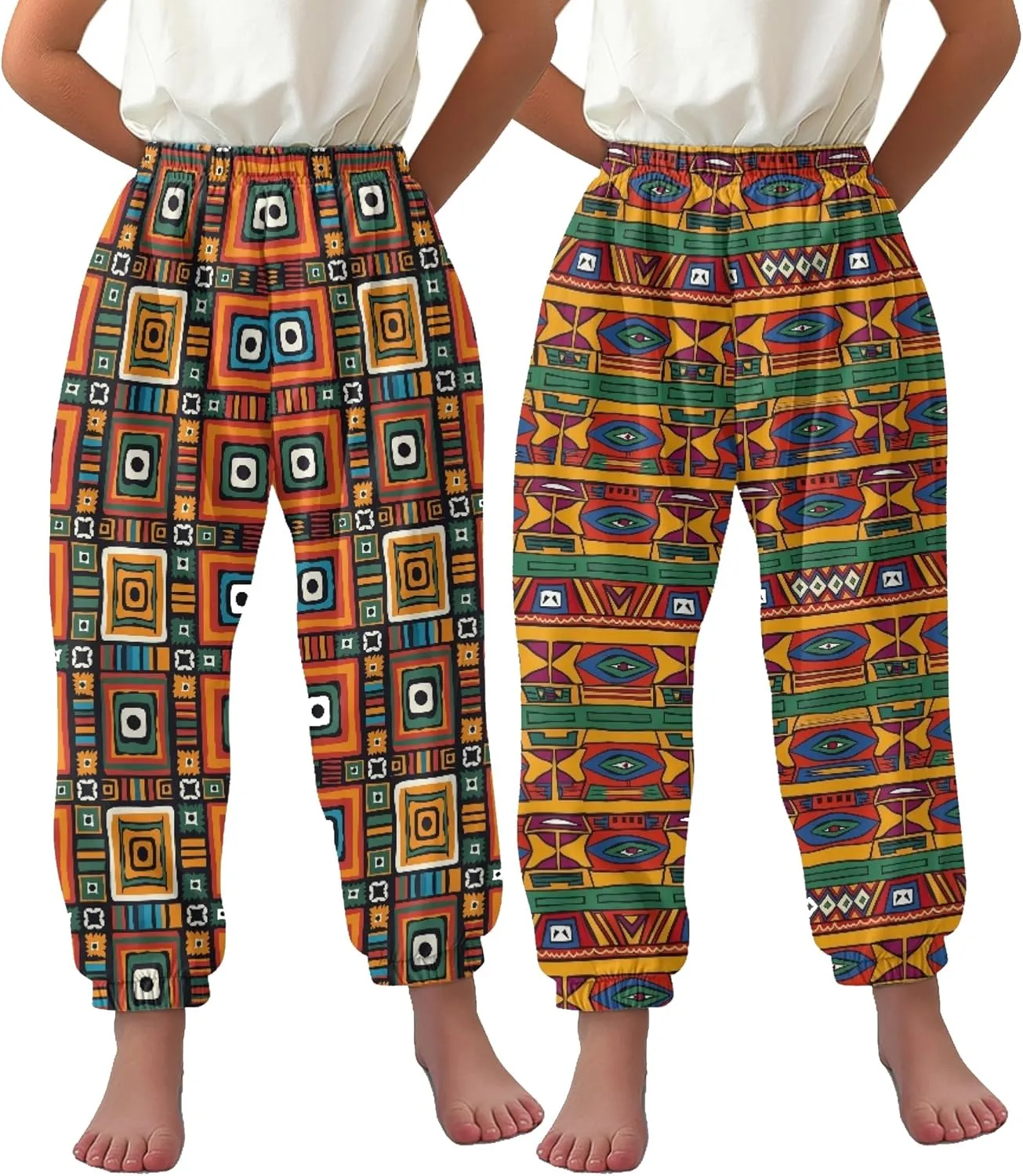 2 Pack Kids Harem Bloomers Pants Elastic Waist Bohemian Style Casual Baggy Ankle Trousers for Boys and Girls