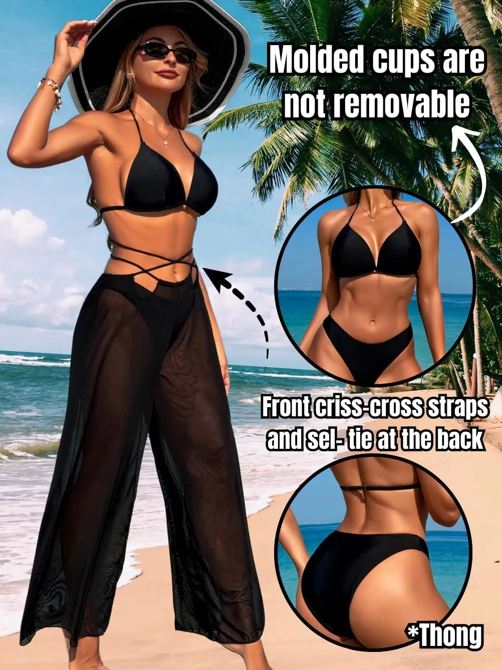 3 Piece Bikini Sets with Mesh Cover Up Pants, Halter Cheeky Thong Swimsuits, Sexy Bathing Suits for Women