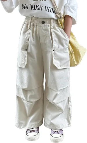 ACESTAR Girls Parachute Pants Elastic Waistband Wide Leg Pants Kids Ruched Baggy Cargo Pants for Girls 3-10 Years