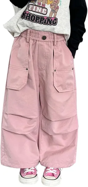 ACESTAR Girls Parachute Pants Elastic Waistband Wide Leg Pants Kids Ruched Baggy Cargo Pants for Girls 3-10 Years