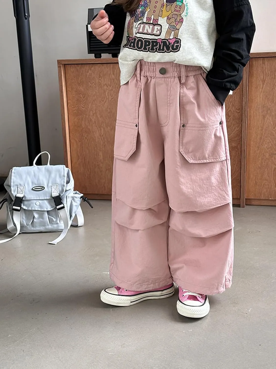 ACESTAR Girls Parachute Pants Elastic Waistband Wide Leg Pants Kids Ruched Baggy Cargo Pants for Girls 3-10 Years