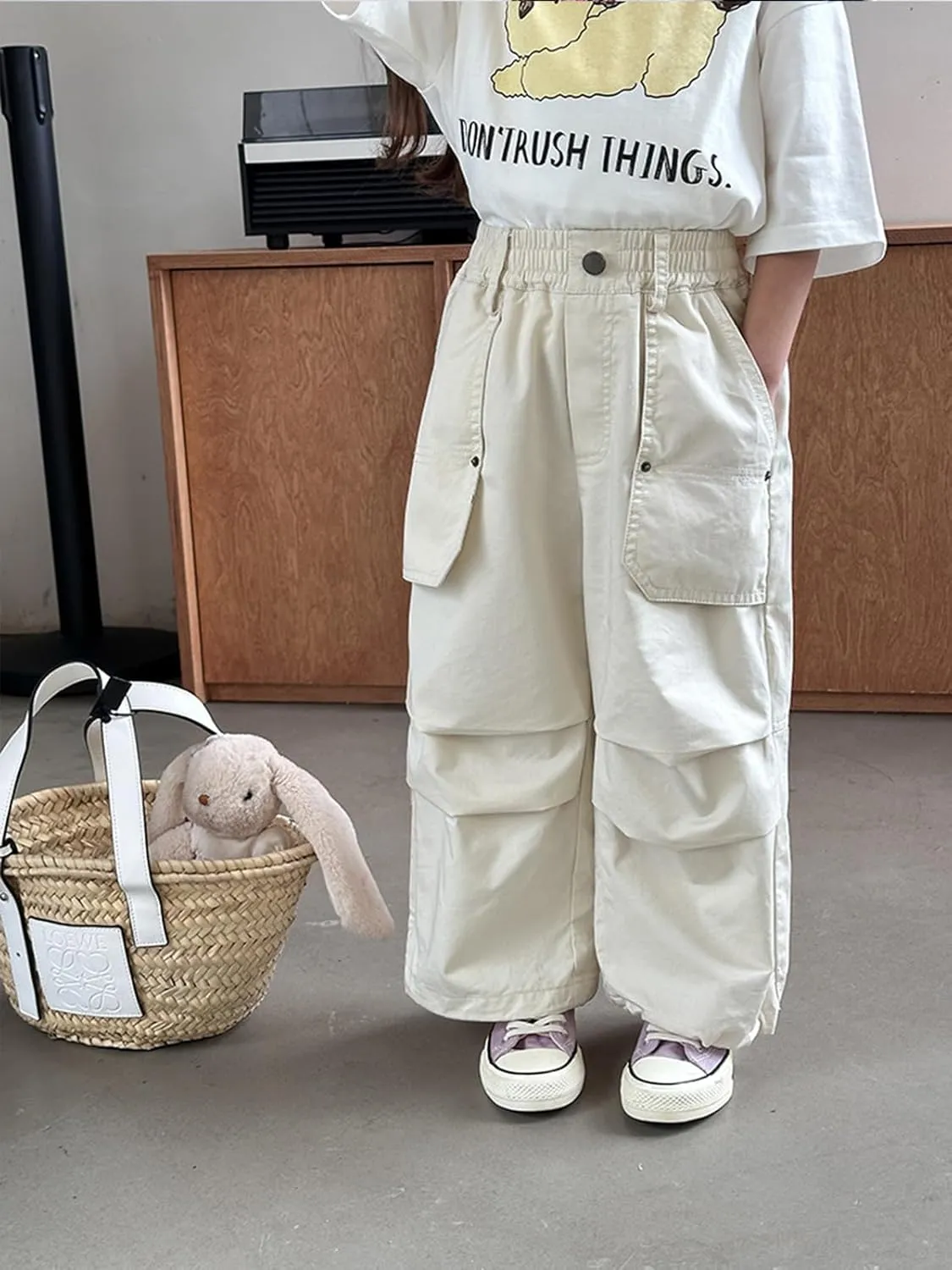 ACESTAR Girls Parachute Pants Elastic Waistband Wide Leg Pants Kids Ruched Baggy Cargo Pants for Girls 3-10 Years