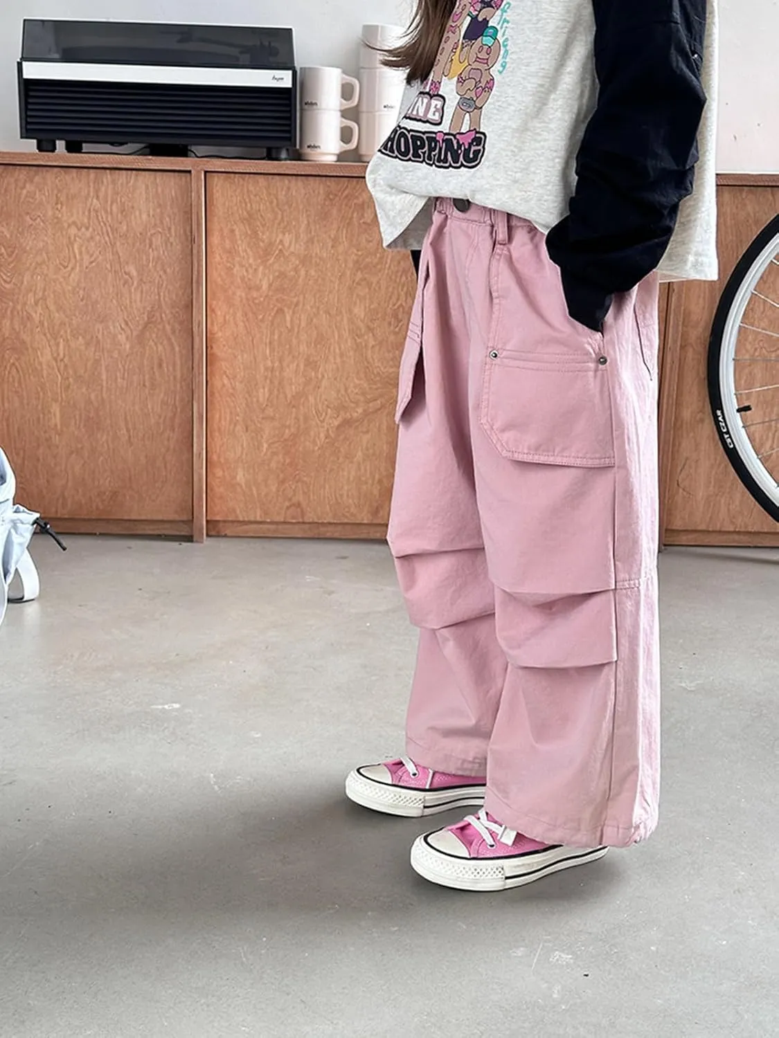ACESTAR Girls Parachute Pants Elastic Waistband Wide Leg Pants Kids Ruched Baggy Cargo Pants for Girls 3-10 Years
