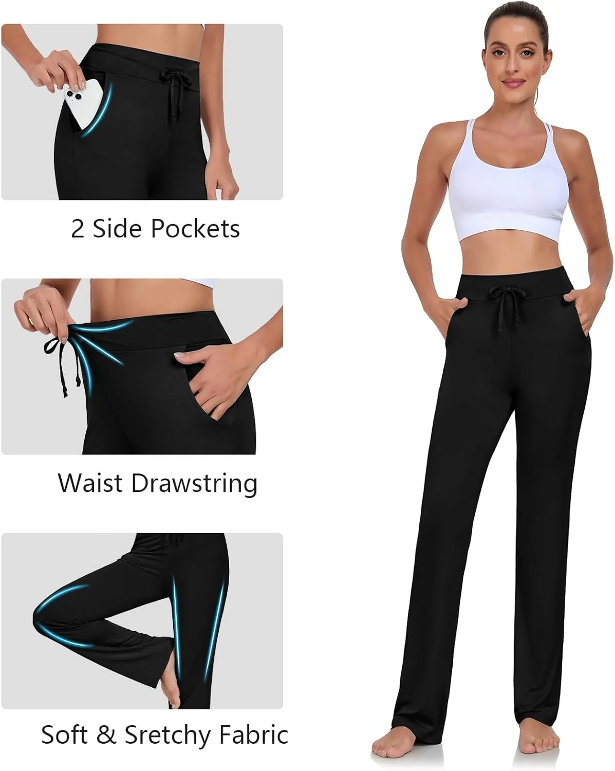 ADANIKI Womens Yoga Pants with Pockets Straight-Leg Loose Comfy Modal Drawstring Lounge Running Long Active Casual Sweatpants