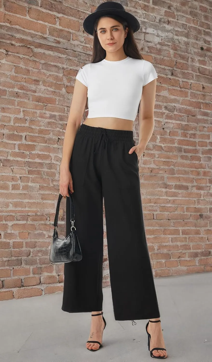 AFITNE Women Linen Palazzo Pants Summer Boho Wide Leg High Waist Casual Lounge Pants with Pockets