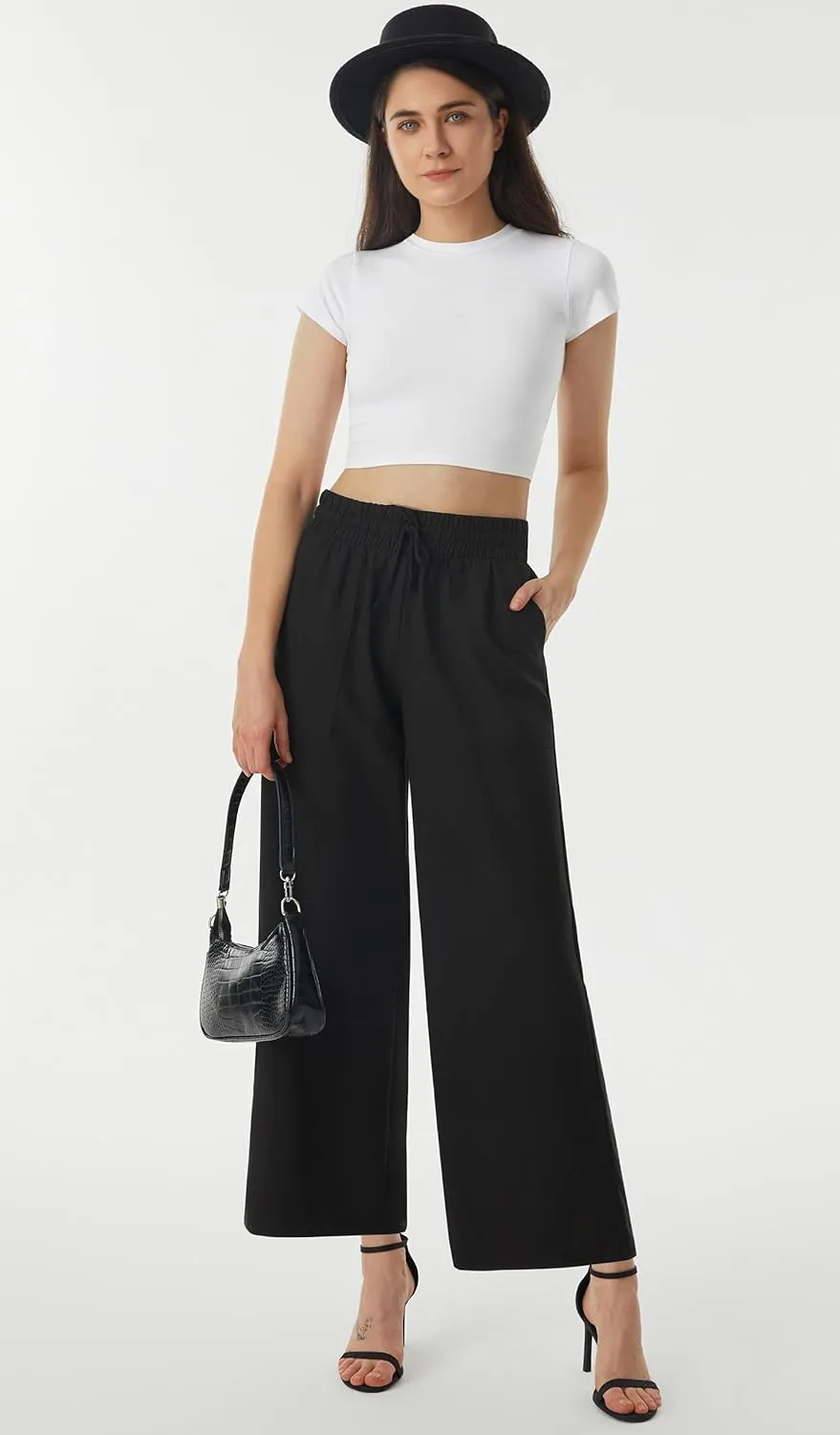 AFITNE Women Linen Palazzo Pants Summer Boho Wide Leg High Waist Casual Lounge Pants with Pockets