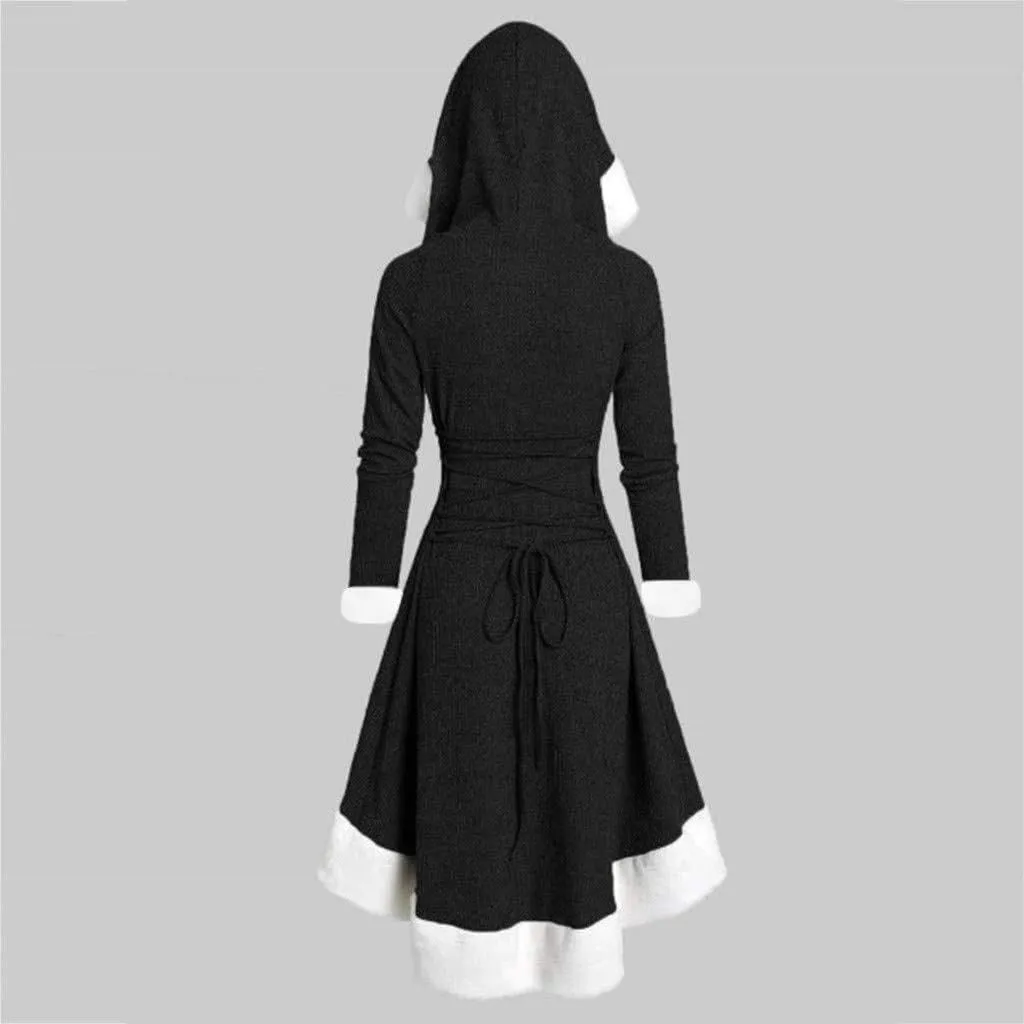 Akivide Women's Christmas Cloak Cosplay Dresses Hooded Furry Hem Lace Up Patchwork Long Sleeve Party Dress for Women