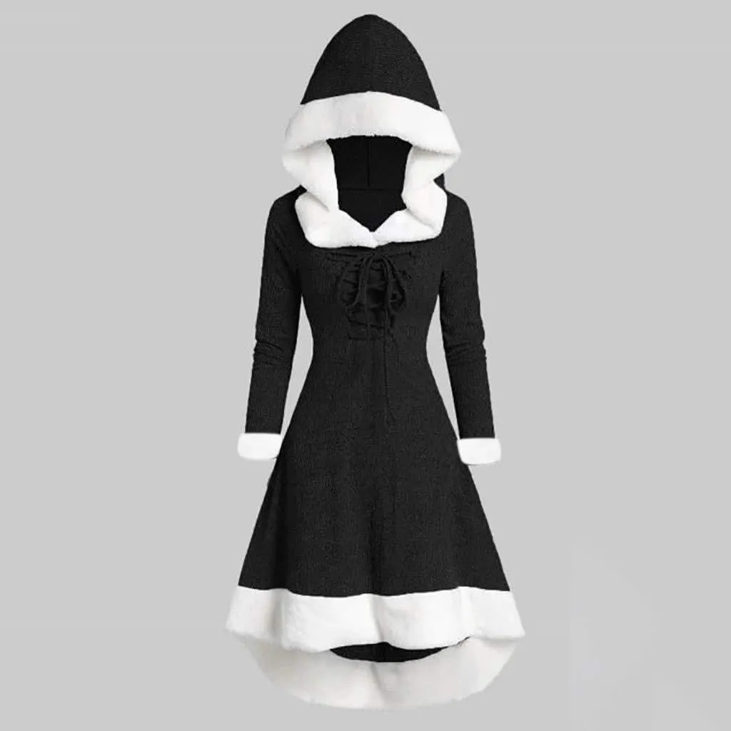 Akivide Women's Christmas Cloak Cosplay Dresses Hooded Furry Hem Lace Up Patchwork Long Sleeve Party Dress for Women