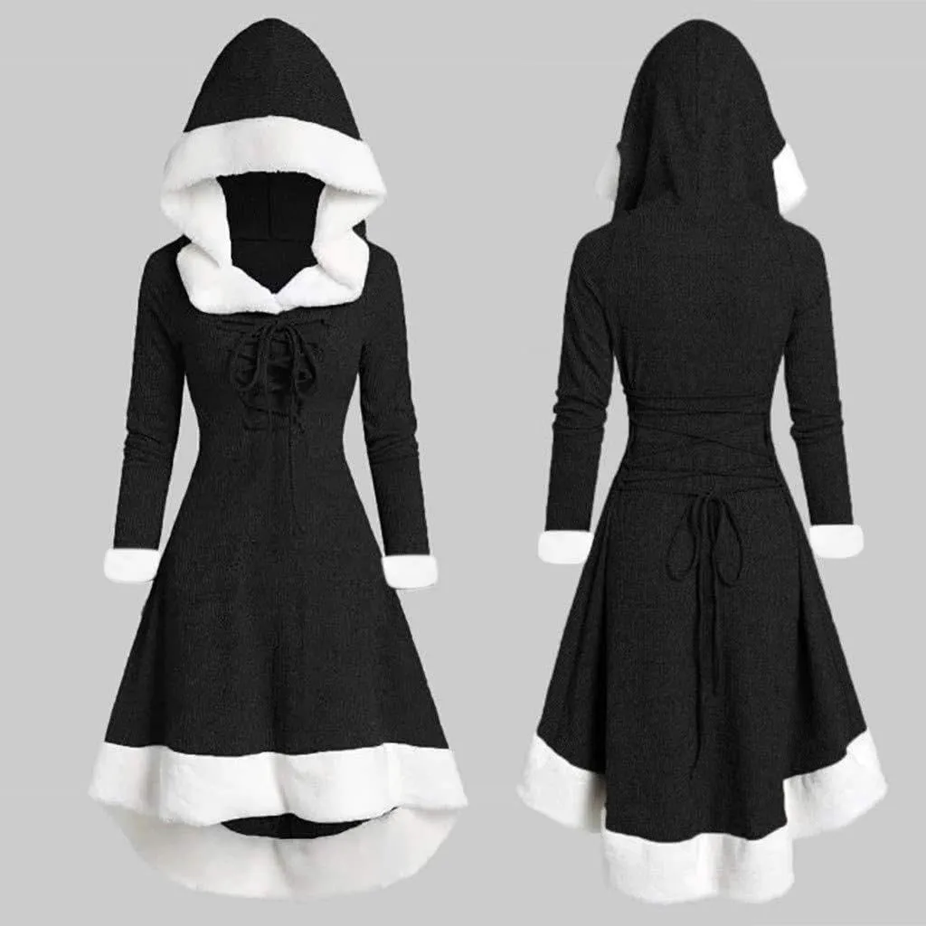 Akivide Women's Christmas Cloak Cosplay Dresses Hooded Furry Hem Lace Up Patchwork Long Sleeve Party Dress for Women