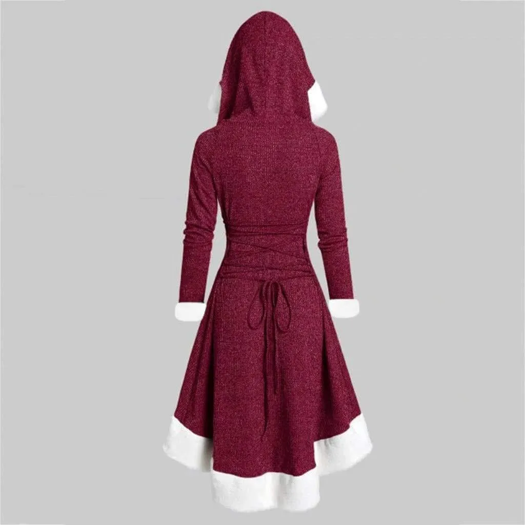 Akivide Women's Christmas Cloak Cosplay Dresses Hooded Furry Hem Lace Up Patchwork Long Sleeve Party Dress for Women