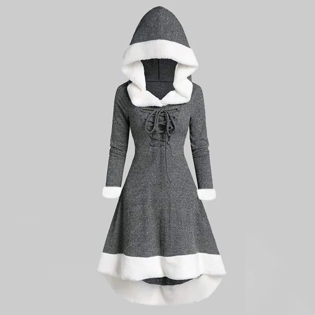 Akivide Women's Christmas Cloak Cosplay Dresses Hooded Furry Hem Lace Up Patchwork Long Sleeve Party Dress for Women