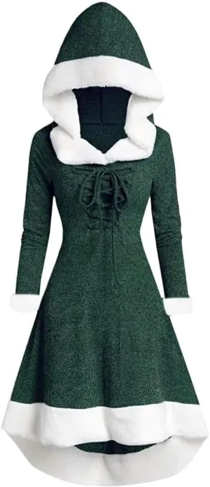 Akivide Women's Christmas Cloak Cosplay Dresses Hooded Furry Hem Lace Up Patchwork Long Sleeve Party Dress for Women