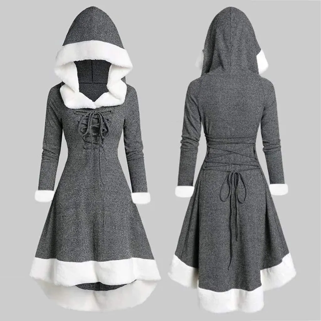 Akivide Women's Christmas Cloak Cosplay Dresses Hooded Furry Hem Lace Up Patchwork Long Sleeve Party Dress for Women