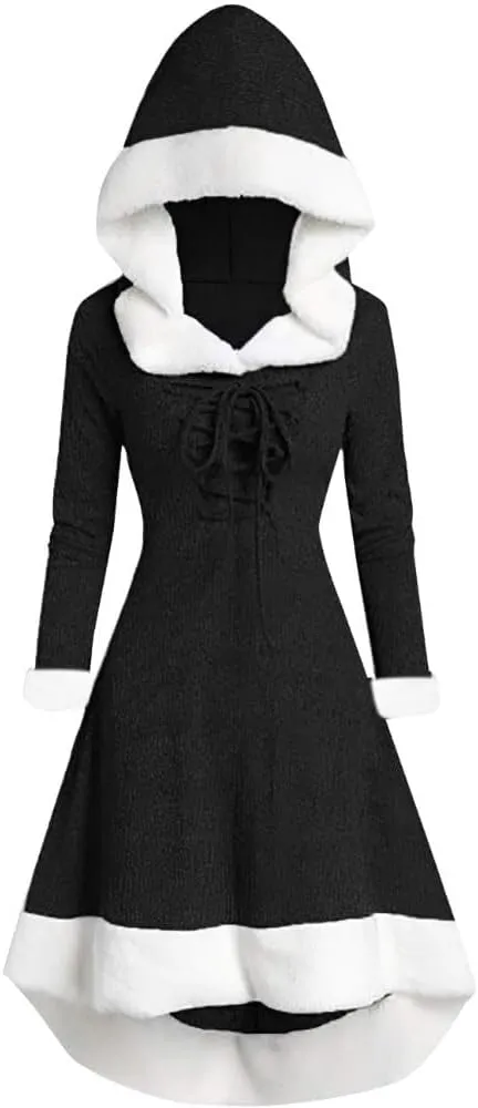 Akivide Women's Christmas Cloak Cosplay Dresses Hooded Furry Hem Lace Up Patchwork Long Sleeve Party Dress for Women