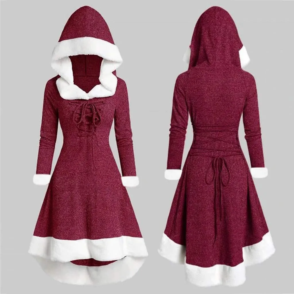 Akivide Women's Christmas Cloak Cosplay Dresses Hooded Furry Hem Lace Up Patchwork Long Sleeve Party Dress for Women
