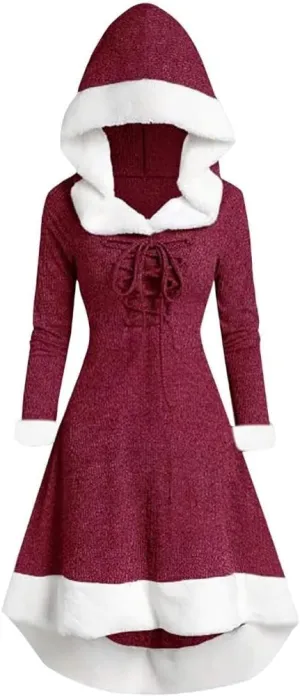 Akivide Women's Christmas Cloak Cosplay Dresses Hooded Furry Hem Lace Up Patchwork Long Sleeve Party Dress for Women
