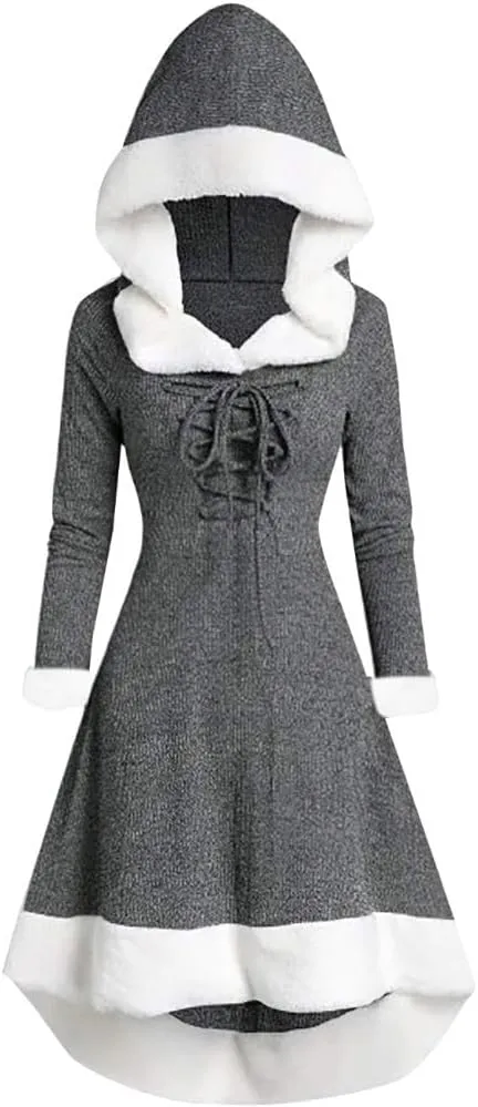 Akivide Women's Christmas Cloak Cosplay Dresses Hooded Furry Hem Lace Up Patchwork Long Sleeve Party Dress for Women