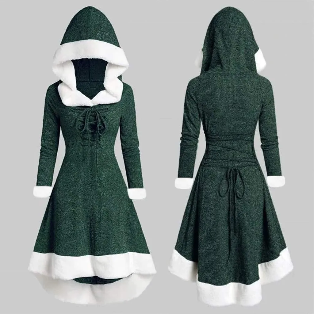 Akivide Women's Christmas Cloak Cosplay Dresses Hooded Furry Hem Lace Up Patchwork Long Sleeve Party Dress for Women