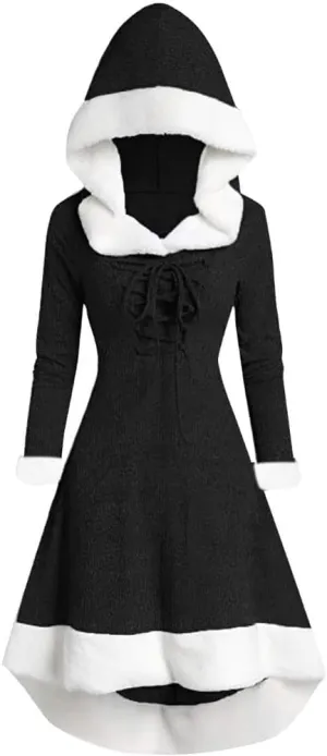 Akivide Women's Christmas Cloak Cosplay Dresses Hooded Furry Hem Lace Up Patchwork Long Sleeve Party Dress for Women