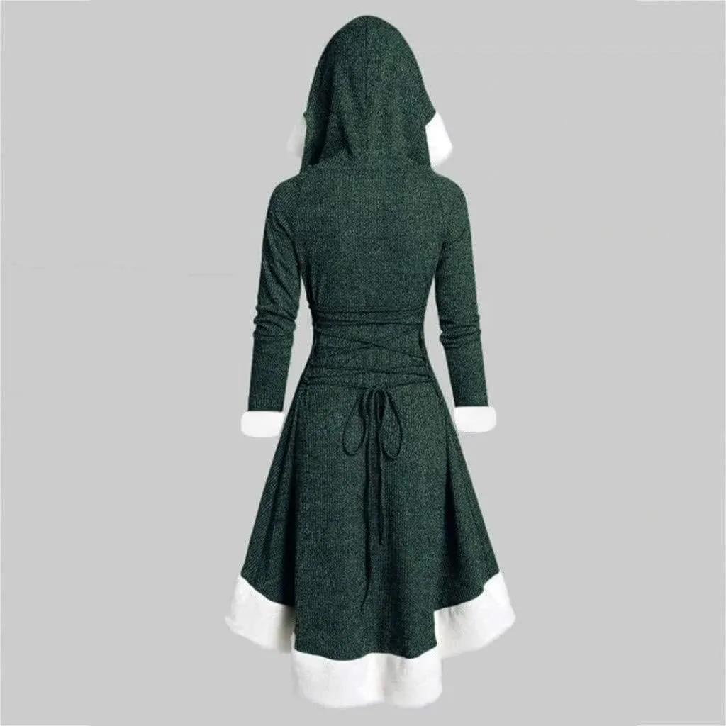 Akivide Women's Christmas Cloak Cosplay Dresses Hooded Furry Hem Lace Up Patchwork Long Sleeve Party Dress for Women