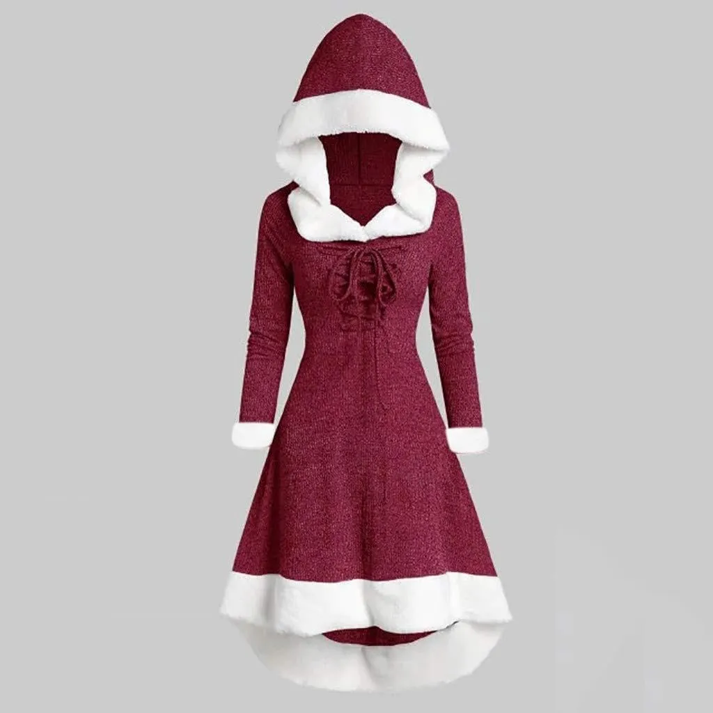 Akivide Women's Christmas Cloak Cosplay Dresses Hooded Furry Hem Lace Up Patchwork Long Sleeve Party Dress for Women