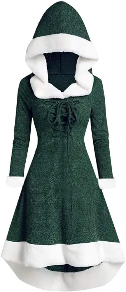 Akivide Women's Christmas Cloak Cosplay Dresses Hooded Furry Hem Lace Up Patchwork Long Sleeve Party Dress for Women