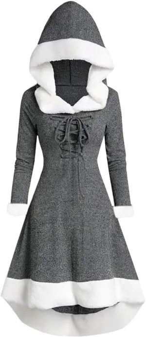 Akivide Women's Christmas Cloak Cosplay Dresses Hooded Furry Hem Lace Up Patchwork Long Sleeve Party Dress for Women
