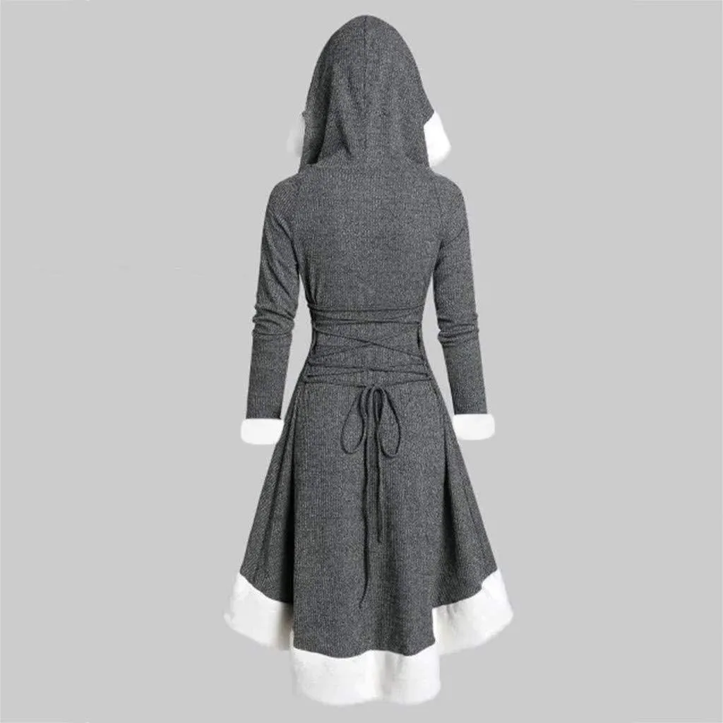 Akivide Women's Christmas Cloak Cosplay Dresses Hooded Furry Hem Lace Up Patchwork Long Sleeve Party Dress for Women
