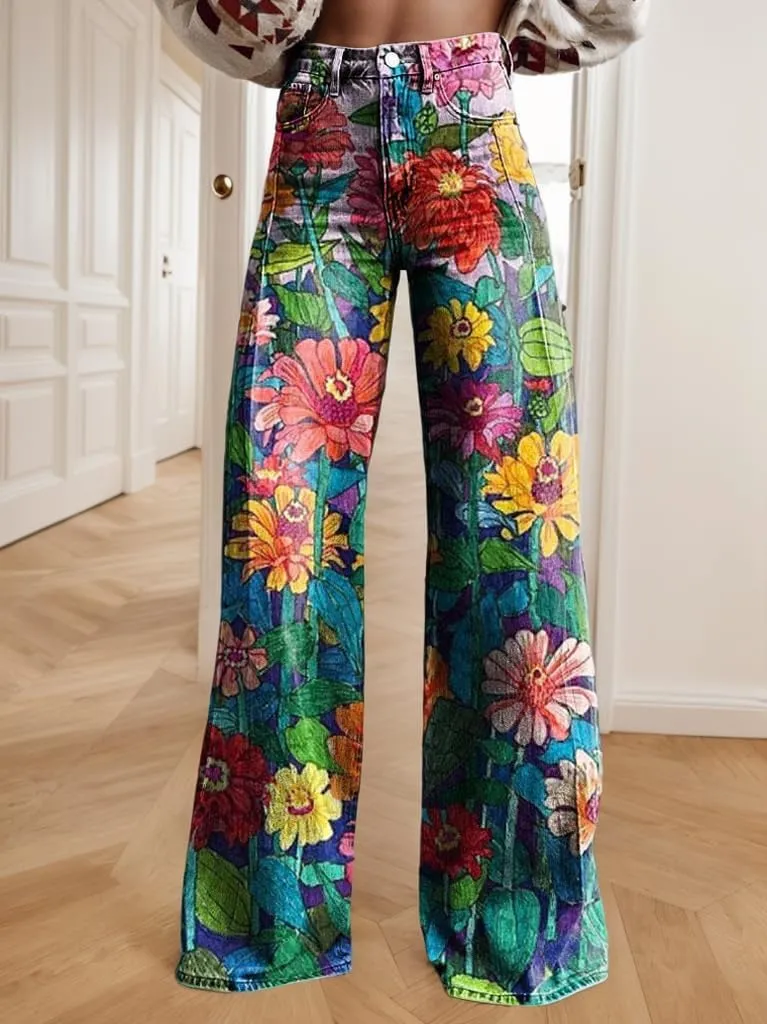 Akivide Womens Oversized Fake Denim Floral Print Wide Leg Pants Casual Loose Graphic High Waist Ziper Strethy Flare Trousers