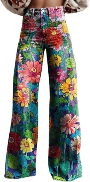 Akivide Womens Oversized Fake Denim Floral Print Wide Leg Pants Casual Loose Graphic High Waist Ziper Strethy Flare Trousers