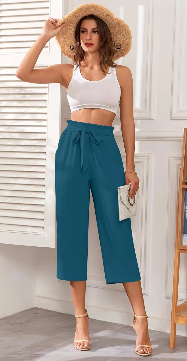 Aodemo Women's Wide Leg Capri Pants Loose Work Pants with Pockets