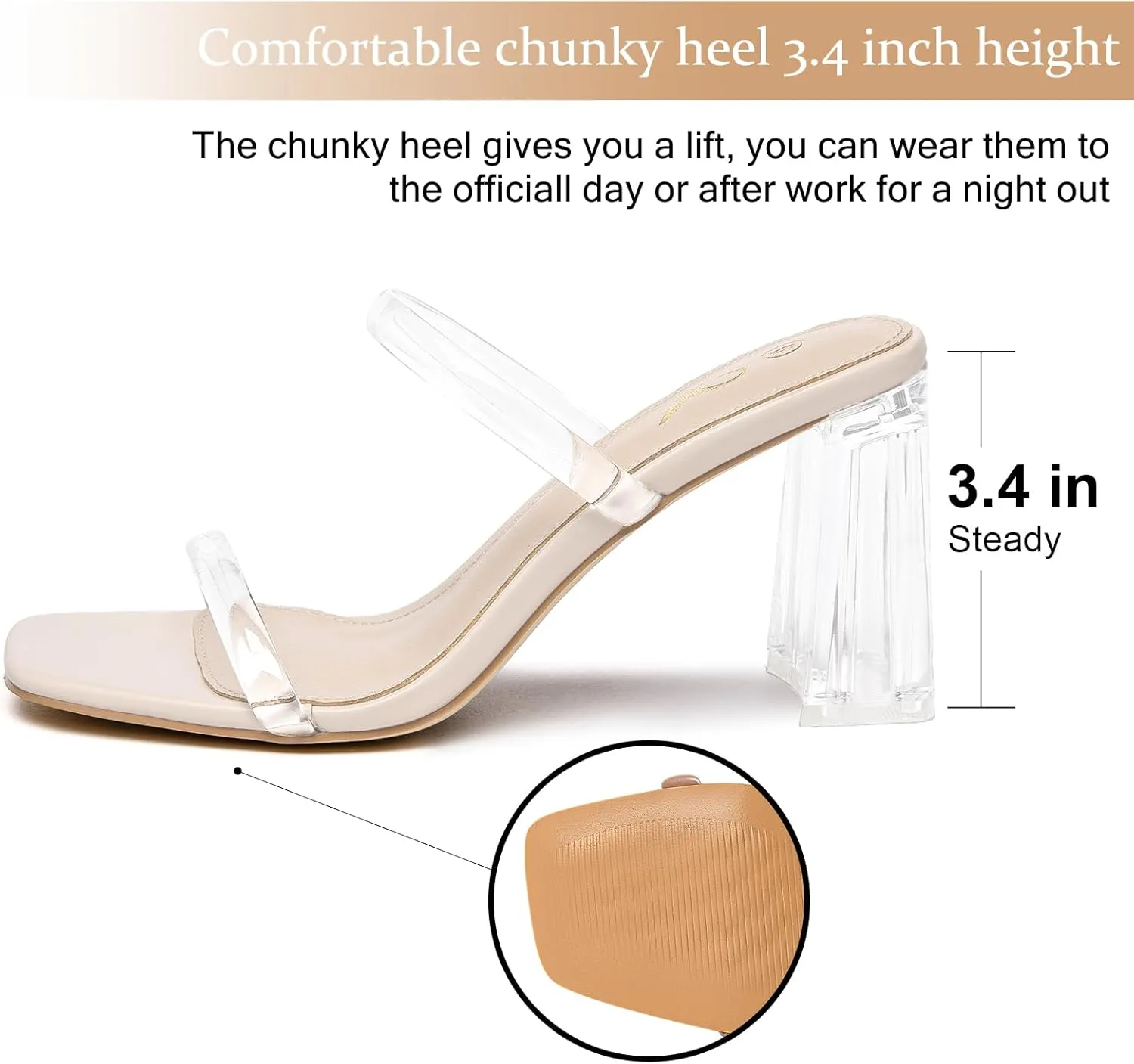 Athlefit Women's Square Open Toe Two Strap Heeled Sandals Slip On Block Chunky Heels Sandals