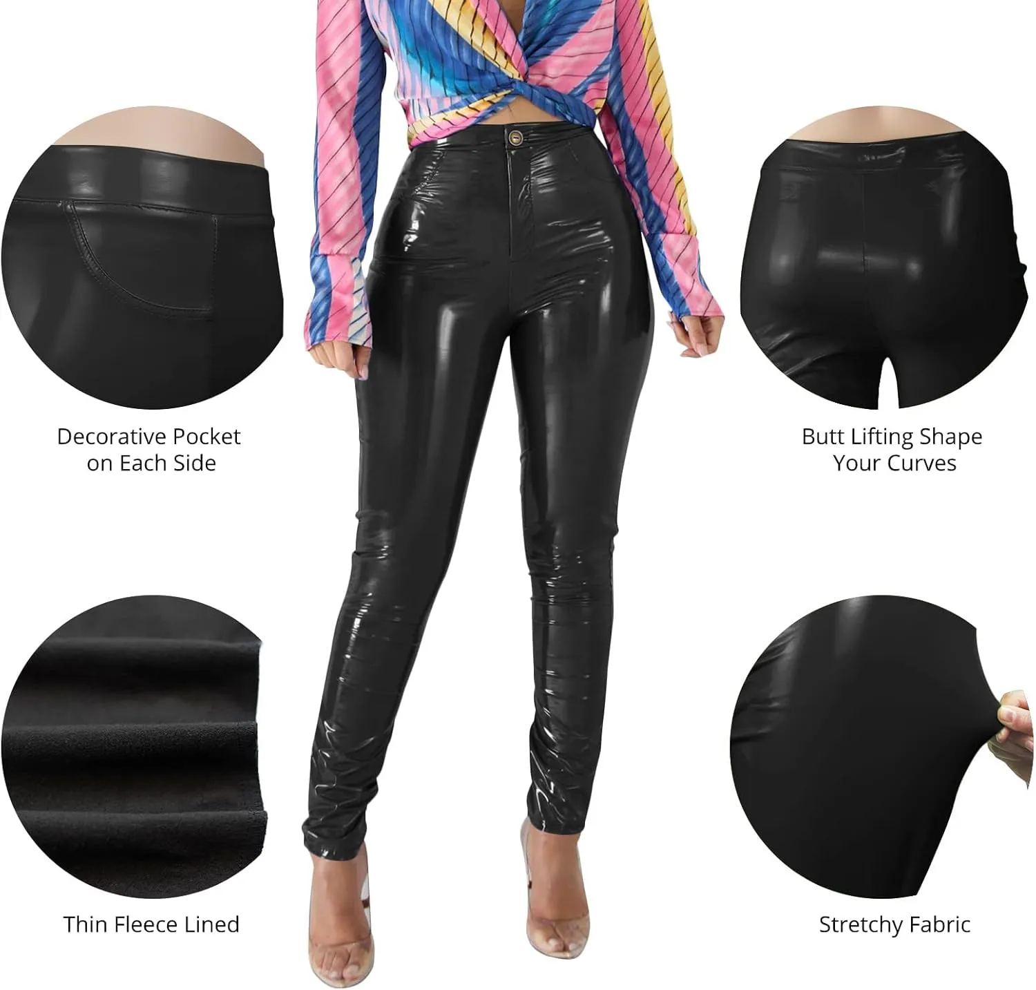 Baonmy Leather Pants for Women Faux Leather Leggings Winter Fleece Lining High Waist Leather Pant