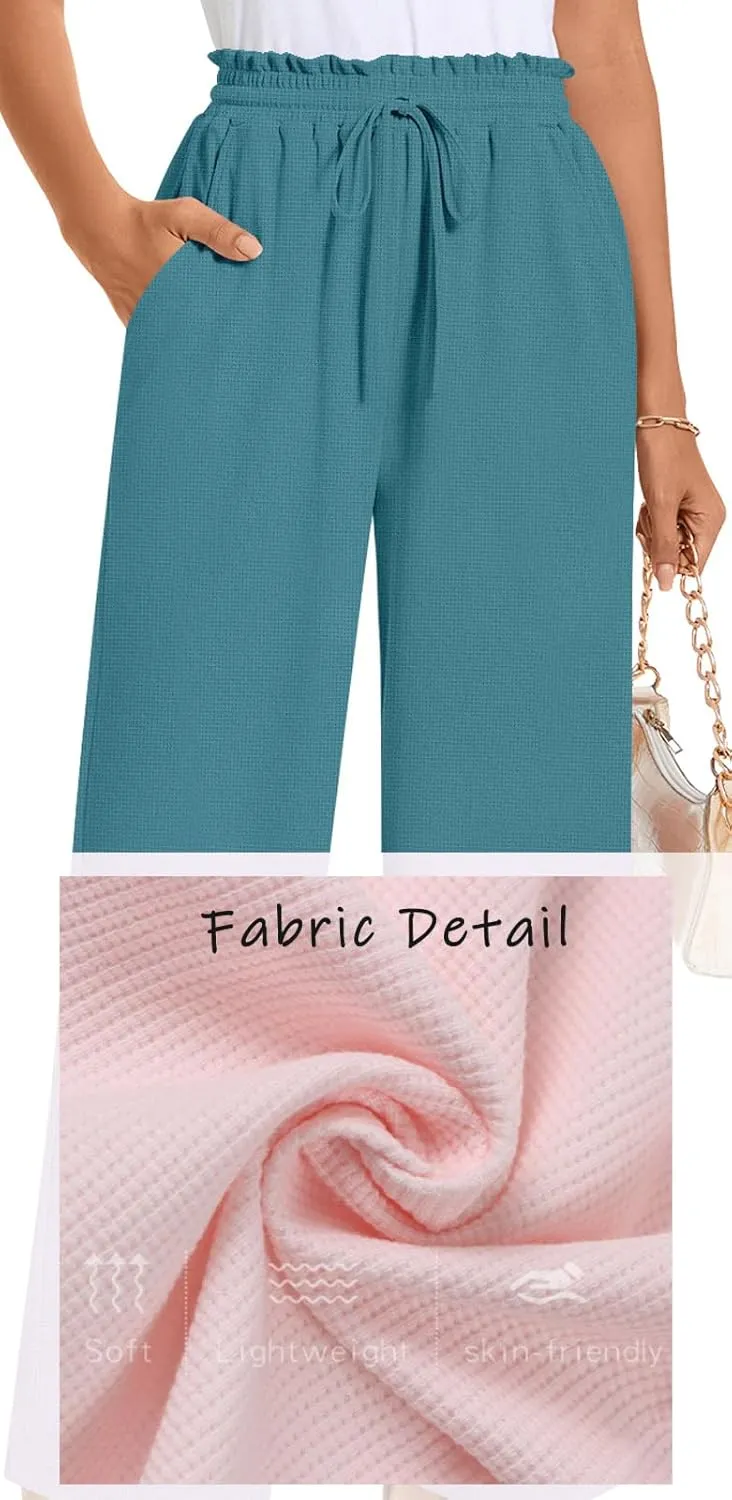Bestbee 2025 Spring Business Casual Pants for Women, Loose Fit Long Trousers High Waist Waffle Knit Sweatpants with Pockets