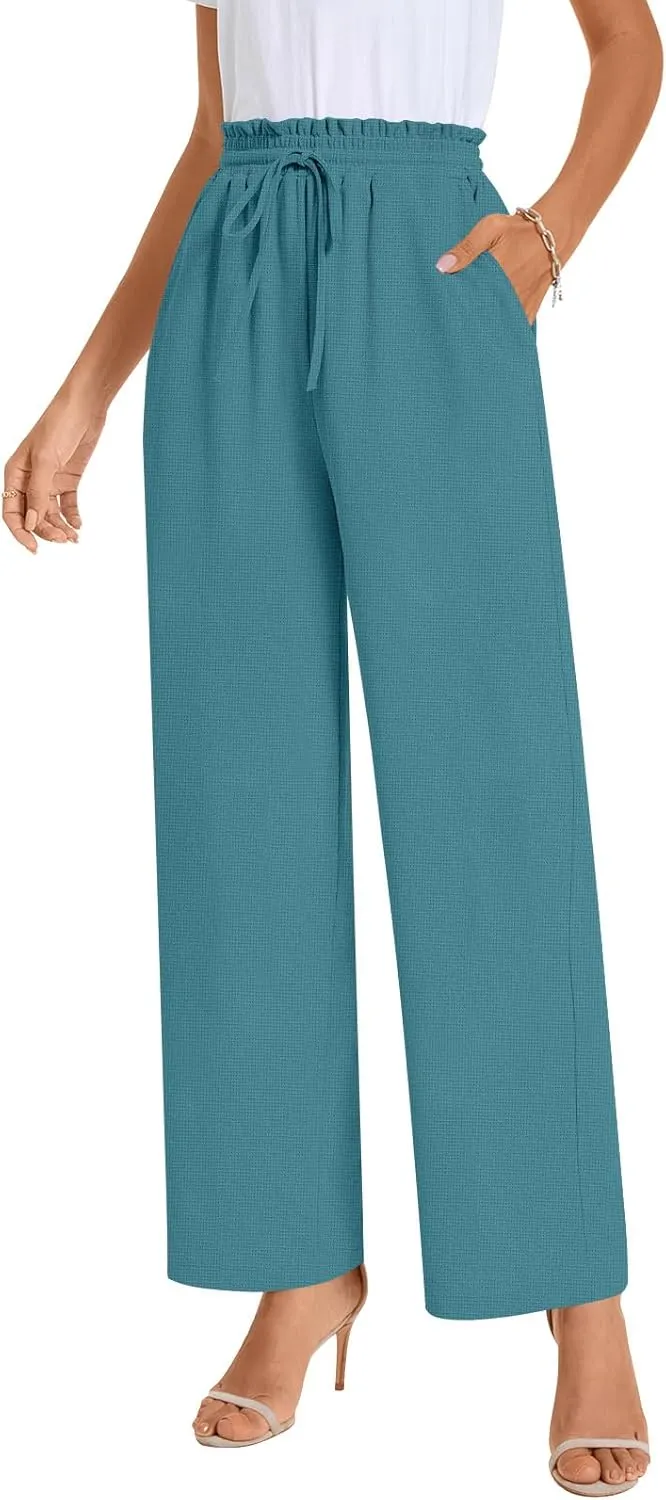 Bestbee 2025 Spring Business Casual Pants for Women, Loose Fit Long Trousers High Waist Waffle Knit Sweatpants with Pockets