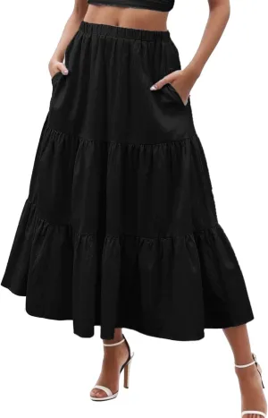 Boho Tiered Maxi Skirt Women Flowy Summer Beach Skirts Elastic Waistband Midi Skirt Floral Pleated A Line Skirt with Pockets