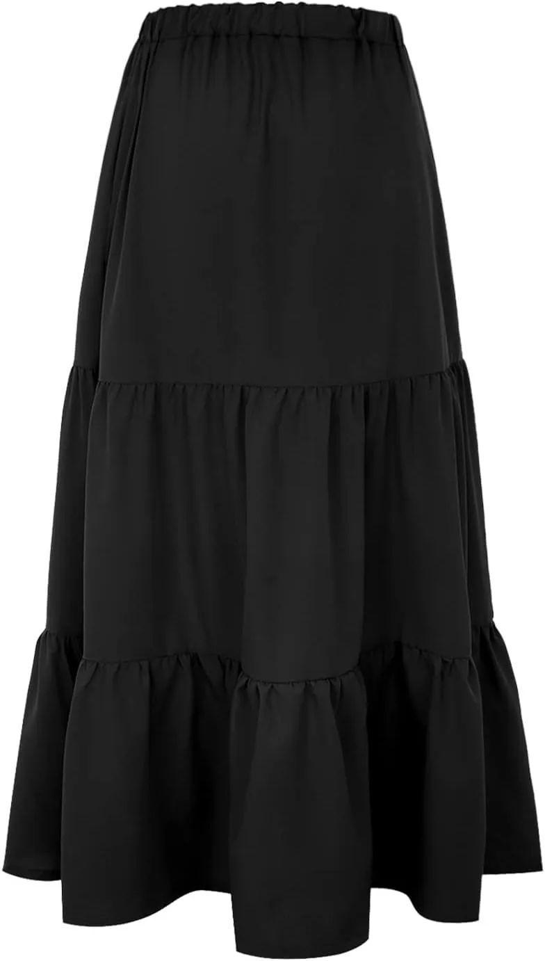 Boho Tiered Maxi Skirt Women Flowy Summer Beach Skirts Elastic Waistband Midi Skirt Floral Pleated A Line Skirt with Pockets