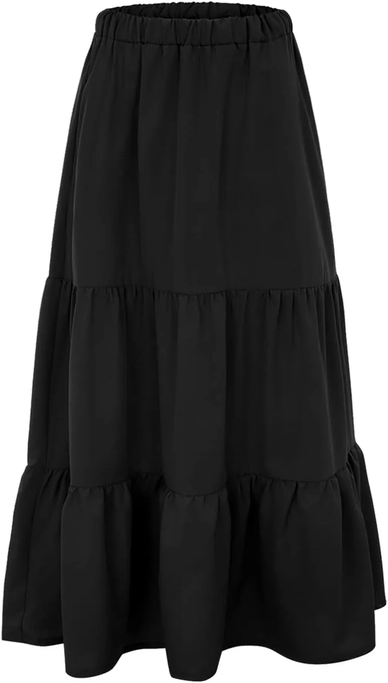 Boho Tiered Maxi Skirt Women Flowy Summer Beach Skirts Elastic Waistband Midi Skirt Floral Pleated A Line Skirt with Pockets