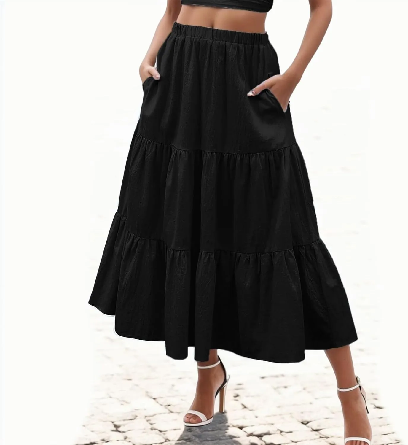 Boho Tiered Maxi Skirt Women Flowy Summer Beach Skirts Elastic Waistband Midi Skirt Floral Pleated A Line Skirt with Pockets