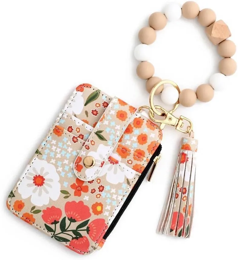 Boho Wristlet Wallet for Women with Keychain and Beaded Tassel  Stylish Clutch Purse for Keys, Cards, and Cash (Khaki)