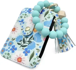 Boho Wristlet Wallet for Women with Keychain and Beaded Tassel  Stylish Clutch Purse for Keys, Cards, and Cash (Light Blue)