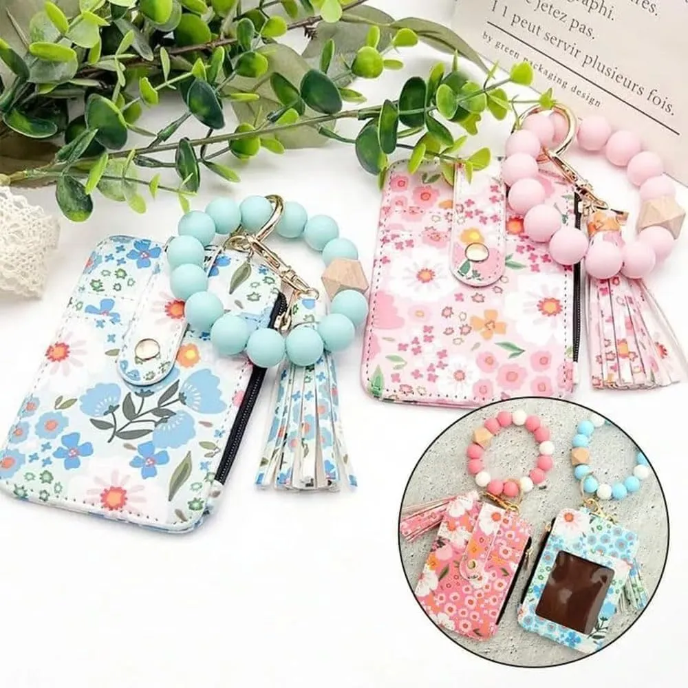 Boho Wristlet Wallet for Women with Keychain and Beaded Tassel  Stylish Clutch Purse for Keys, Cards, and Cash (Light Blue)