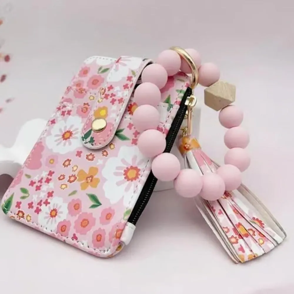 Boho Wristlet Wallet for Women with Keychain and Beaded Tassel  Stylish Clutch Purse for Keys, Cards, and Cash (Light Pink)