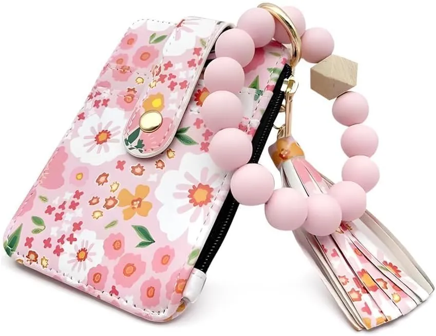 Boho Wristlet Wallet for Women with Keychain and Beaded Tassel  Stylish Clutch Purse for Keys, Cards, and Cash (Light Pink)
