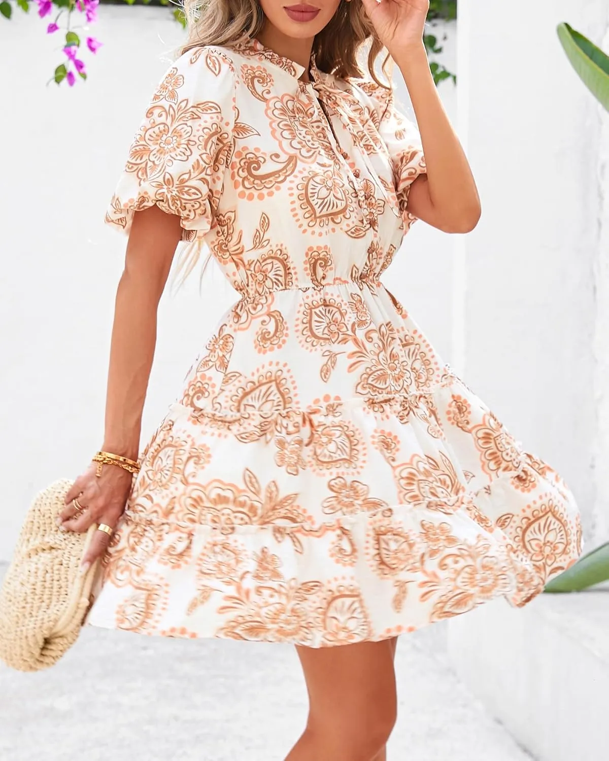 BTFBM Women Summer Floral Short Dresses V Neck Short Sleeve Tiered Ruffle Boho Swing Dress A-Line Mini Dresses