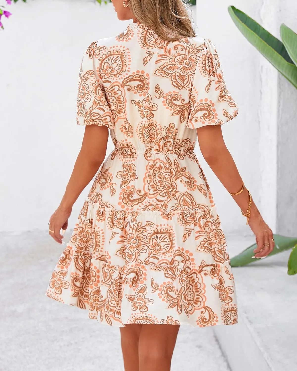 BTFBM Women Summer Floral Short Dresses V Neck Short Sleeve Tiered Ruffle Boho Swing Dress A-Line Mini Dresses
