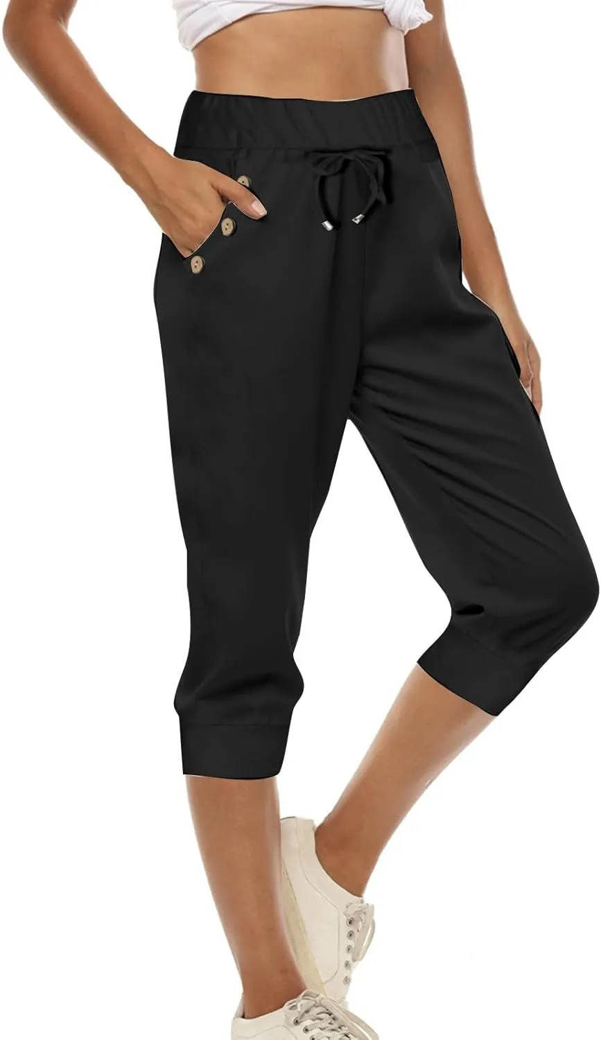 Capri Pants for Women High Waisted Drawstring Trousers Stretch Lightweight Hiking Pant Capri Joggers with Pockets