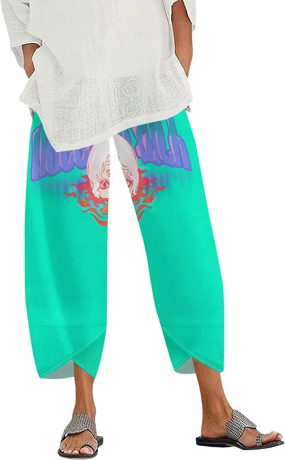 Capris Pants for Women 2025 Summer Art Print Baggy Elastic High Waist Cropped Trousers Loose Wide Leg Pallazzo Pant