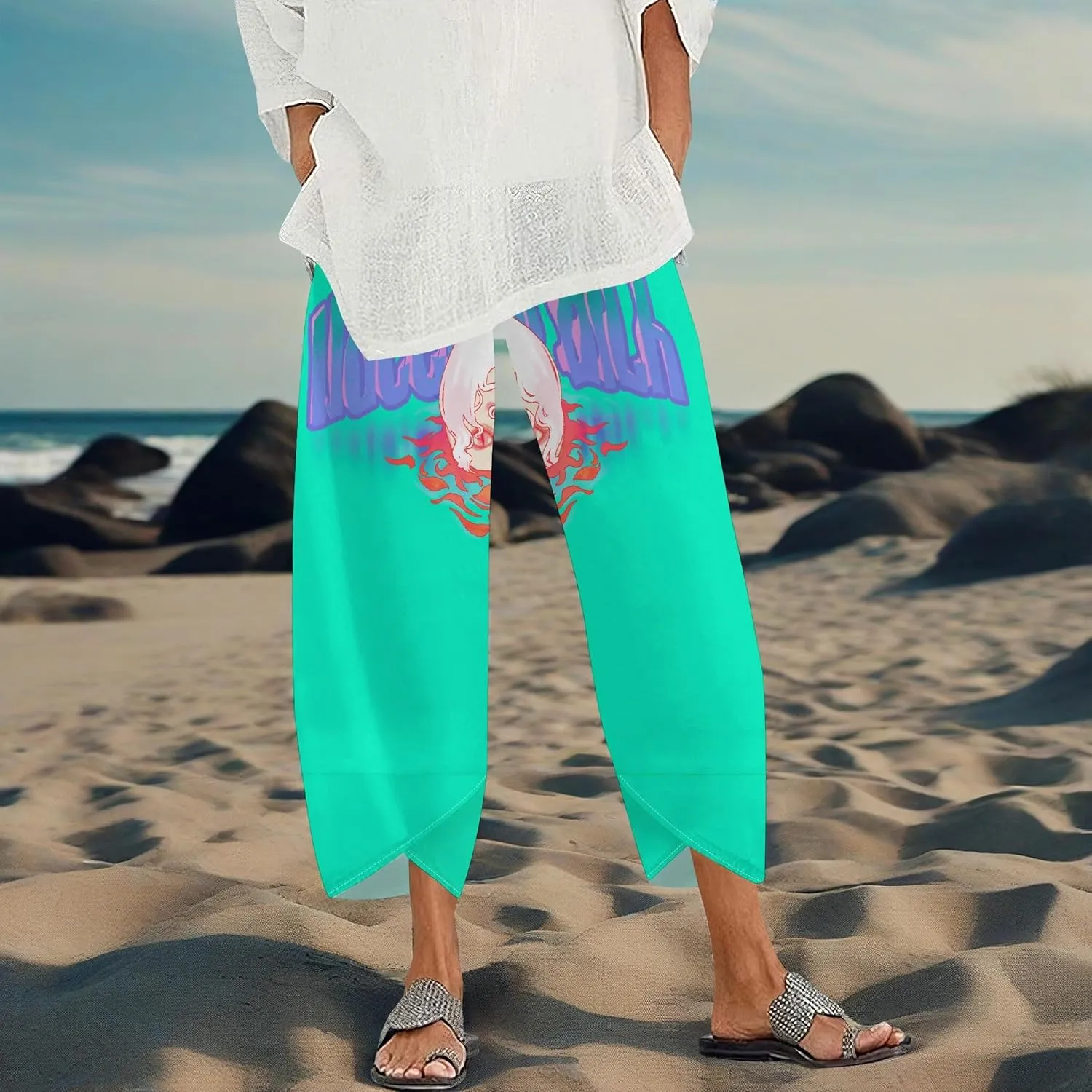 Capris Pants for Women 2025 Summer Art Print Baggy Elastic High Waist Cropped Trousers Loose Wide Leg Pallazzo Pant